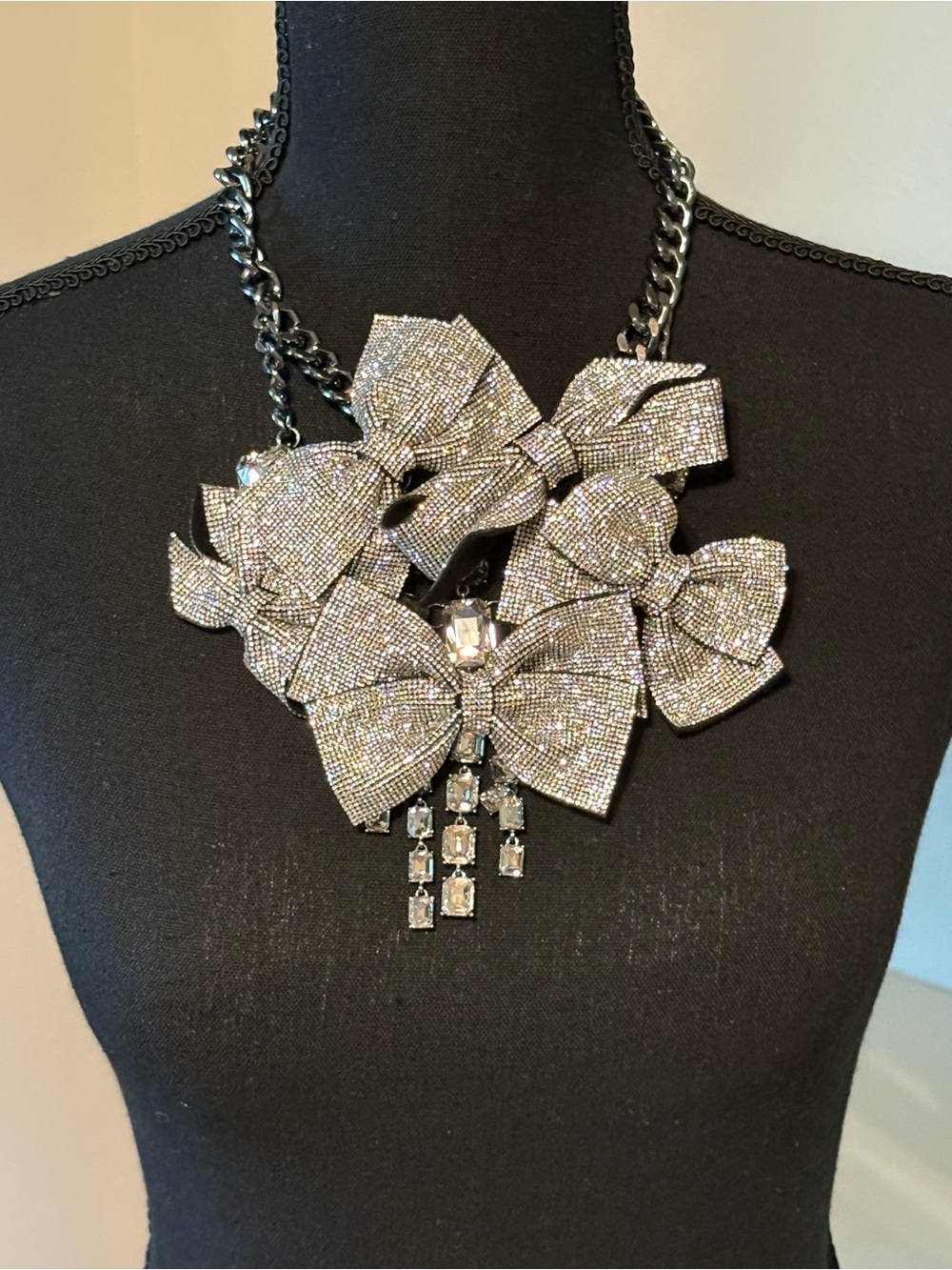 Betsey Johnson Silver Crystal Bow Cluster Necklace